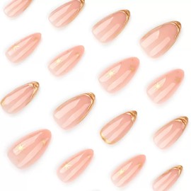 Almond Press on Nails Medium Fake Nails Gold False Nails with Stripes Design Glue on Nails for Women 24Pcs