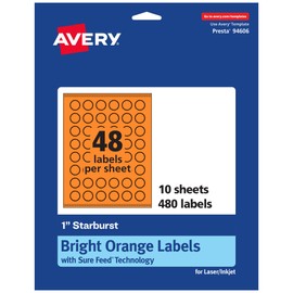 Avery Printable Starburst Labels with Sure Feed Technology, 1", Bright Orange Labels, Print-to-The-Edge, Laser/Inkjet, 480 Total, Great for Mailing Seals and Planner Stickers