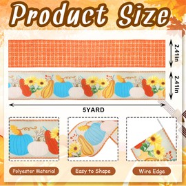 Habbiful 2 Rolls 2.5 Inch x 10 Yards Fall Wired Ribbon Pumpkin Ribbons for Crafts Wreath Bow Making Wrapping Orange Burlap Ribbons Autumn Plaid Ribbon for Thanksgiving Party Home Decoration