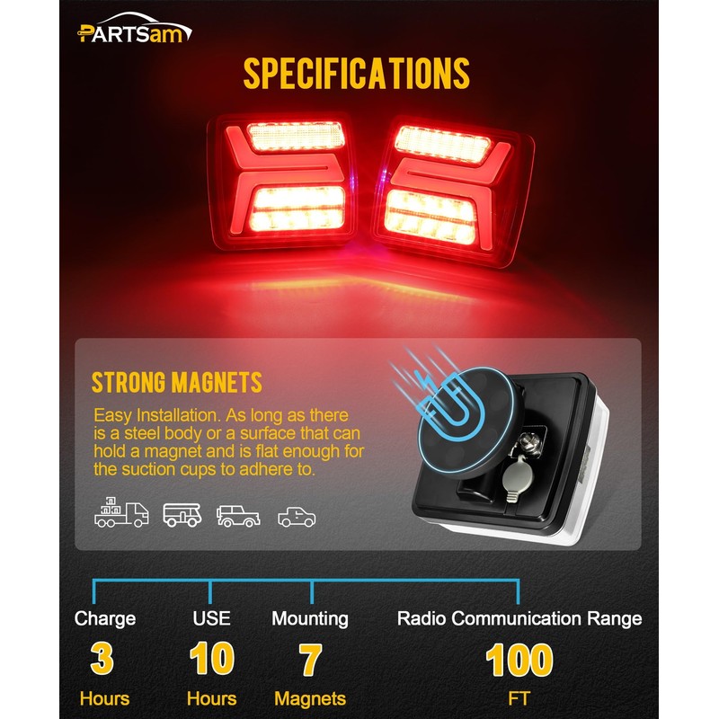 Partsam LED Wireless Trailer Lights Kit Magnetic Towing Tail Lights
