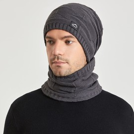 KIRAAT Winter Beanie Hat Scarf Touchscreen Glove Set for Men Women,Knit Ski Cap Neck Warmer with Fleece Lined for Unisex (Grey Beanie Scarf and Black Glove)