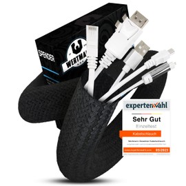 Wertmann Woven Cable Conduit Black [3 m] as TV Cable Duct Black and for PC as Cable Duct Desk - Diameter Adapts to [19-24 mm] - Cable Management Desk, Cable Protection Dog