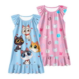 LQSZ Girls Nightgowns Kitty Cat Nightdress Nightie Sleepwear Pajamas Flutter Short Sleeves Nightgown for Girls 4 5t