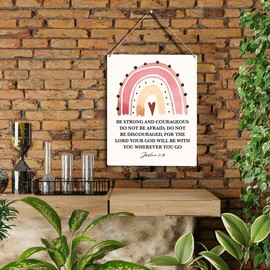 YCYD Inspirational Wall Art Be Strong And Courageous Do Not Be Afraid Boho Rainbow Wooden Hanging Sign Christian Religious Wall Decor Bible Verse Wall Art 8 x 10 Inches