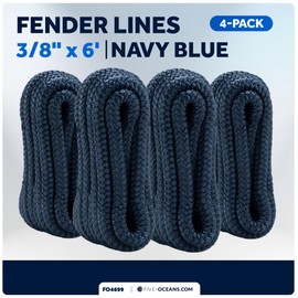 Five Oceans 3/8" x 6' Boat Fender Lines with 5" Eyelet, Boat Ropes for Docking with Loop, Marine-Grade Navy Blue Premium Nylon Double Braided Boat Rope, (Pack of 4) - FO4699