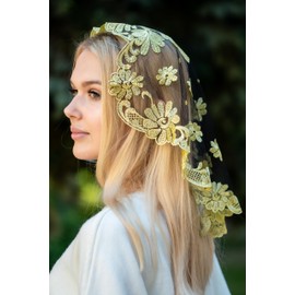 Maria Veils Catholic Mantilla Mass Infinity Veil Church Velo de encaje Capilla Española Mass Cabeza Velo Corto (Amarillo/Negro)