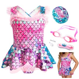 Nasjac Traje de Baño de Una Pieza Sirena para Niñas, 5 Piezas Conjunto de Bikini con Gorro de Natación y Gafas, Trajes de Bañador de Princesa con Volantes para 3 a 10 Años Playa Fiesta Piscina Nadar