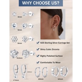 FIOROYAL Hypoallergenic Sterling Silver Earrings for Women Girls-Small 925 Silver Stud and Hoop Earring Stack Set-Cute Zirconia Flower Heart Cartilage Sleeper Earrings Jewellery Gifts for Women Flo