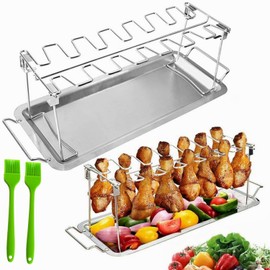 Chicken Leg Rack for Grill with Drip Tray, 14 Slots Stainless Steel Chicken Wing Rack, Chicken Drumstick Holder for Smoker,Chicken Drumstick Rack BBQ Accessories