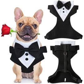 Dog Vest Tuxedo Harness with Leash Set, Adjustable Dog Harness Pull for Small Medium Big Dogs, Dog Wedding Attire Harness with Bow Tie, Comfort Padded Tuxedo Pet Walking Harness and Leash (Black, M)