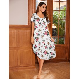 Ekouaer Sleep Shirts for Women Nightgown Short Sleeve House Dress Night Dress Womens Sleepwear White Flower XL