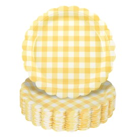 48 Pcs Yellow Scalloped Paper Plates - 9Inch Gingham Paper Plates Yellow and White Checkered Party Plate Disposable Plaid Decorative Dinner Dessert Serving Plate for Baby Shower Wedding Birthday