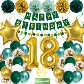 18th Birthday Decoration, 18th Birthday Decoration Boy Girl, Green Gold 18th Birthday Decoration Balloons, 18 Happy Birthday Banner, 18th Birthday Confetti Balloons for 18th Birthday Decoration Women