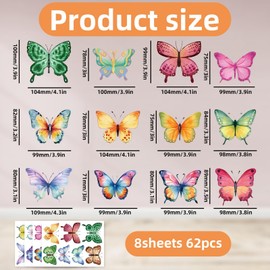 Watercolor Butterfly Wall Stickers Colorful Butterflies Peel Stick, Reusable Stick Butterflies Wall Art Stickers Removable Wall Decor for Girl Bedroom Living Room Art Murals Decorations