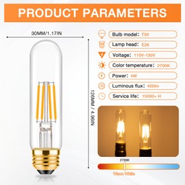 ToBeGreat T30 Light Bulbs 4 Watt Equivalent 40W Bulb E26 Tubular Bulbs T10 LED Bulb Warm White 2700K,Desk Lamp,Bedbroom Bathroom,6 Pack