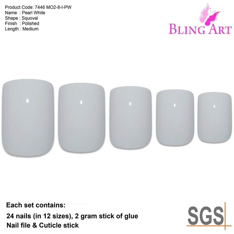 False Nails Bling Art White Polished French Squoval 24 Fake