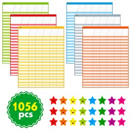 6 Pack Multi-Color Dry Erase Incentive Chart/Chore/Responsibility/School Attendance/Homework Progress Tracking Chart, 6 Pack in Multi-Color, 36 Rows X 25 Columns (17" x 22.5") with 1056 Stars