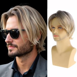 RicHyun Mens Short Layered Blonde Wig Dark Roots Synthetic Halloween Cosplay Wig