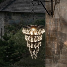 Hanging Solar Chandelier Light Outdoor, Handcrafted Solar Powered Led Tiered Crystal Pendant Lantern, Dacorative Hanging Waterproof Lamp for Patio, Porch, Gazebo Garden & holiday ambiance 27" High