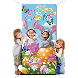 WADORN Happy Easter Photo Door Banner, Easter Bunny Funny Phtography Backdrop Spring Easter Egg Rabbit Face in Hole Backdrop Hanging Banner with Rope for Spring Easter Party Decor, 35.43x70.87 Inch