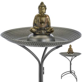 Good Directions Free Standing Pewter Copper Tranquility Bird Bath with Buddha Statue for Outside Backyard, Outdoor, Patio, Garden, Birdbath Feeder Gift for Bird Lovers Watchers, Large 20" Metal Bowl