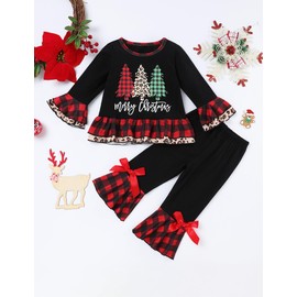 Conjunto de ropa de Navidad para bebé y niña con letras divertidas + pantalones de campana con volantes, ropa de Navidad, Verde, 2-3T