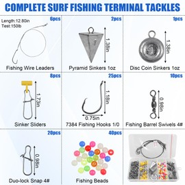 Saltwater Surf Fishing Tackle Kit,112pcs Surf Fishing Fish Finder Rigs Live Bait Rig Include Pyramid Sinker Weights Circle Hooks Sinker Slider Barrel Swivel Snaps Saltwater Fishing Accessories