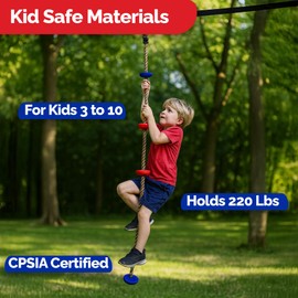 WONKAWOO Wooden Climbing Rope with Stepping Discs for Kids, 6.5 ft Heavy-Duty Rope Ladder, Outdoor Ninja Playset Obstacle Course Accessory with Carabiner Included