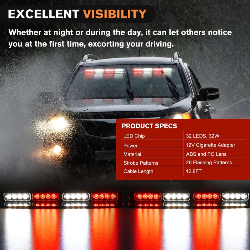 Nilight 32LED Red White Emergency Dash Strobe Lights with Controller