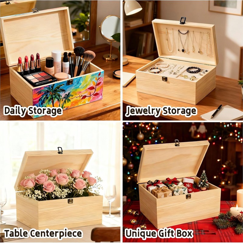 DAJAVE Unfinished Wooden Box-13.7x9.8x6.7 Inch Large Wooden Box with Hinged