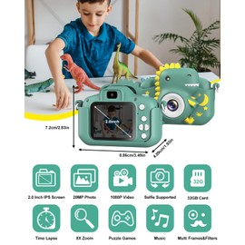 Kids Camera, GREENKINDER Kids Camera 2.0” Screen with 32GB Card, 20MP & 1080P HD Kids Digital Camera, Childrens Selfie Camera for 3-12 Years Old Boys and Girls Birthday Christmas Kids Toys Gifts