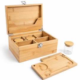 Sinkzaico Stash Box with Tray, Large Bamboo Storage Box with Removable Organizer Tray & Airtight Jars Set, Decorative Home Smell Proof Wooden Box for Men and Women (Wood)
