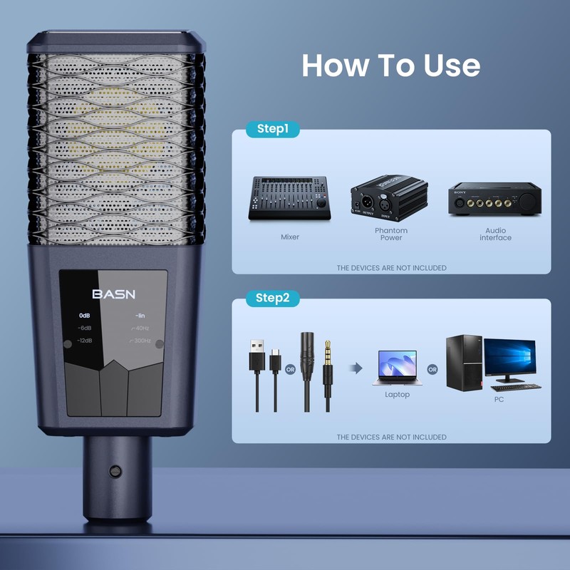 BASN BMS2 Cardioid Condenser Microphone, Large Diaphragm XLR Studio Recording
