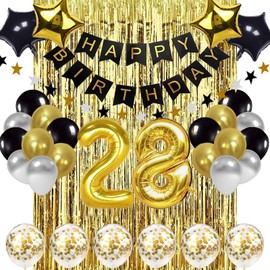 28th Birthday Decorations Black and Gold, Happy Birthday Banner, Number 28 Birthday Balloons, 28 Years Old Birthday Decoration Supplies