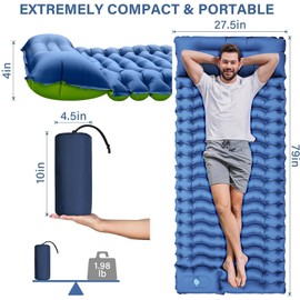Yuzonc Camping Sleeping Pad, Ultralight Inflatable Sleeping Mat with Built-in Foot Pump & Pillow, Compact Air Mattress for Camping, Backpacking, Hiking, Tent - Blue