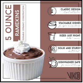 Vikko 5 Oz Ramekin Set: Ceramic Charcuterie Bowls - Oven Safe Ramekins - Creme Brulee & Souffle Dishes - White 5 oz Souffle & Custard Cups - Set of 6