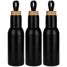 Stainless Steel Water Bottle with Wooden Lid - 3-Piece Set - Vacuum Leak-proof Thermos Flask, Water Bottle BPA Free, Insulated Thermos Flask for Sports, Running, Biking, Hiking - 400 ml - Black