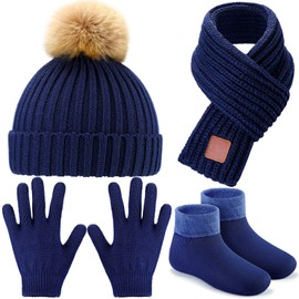 4 Pieces Kids Beanie Hat Scarf Gloves Socks Set Knit Winter Warm Set for Toddler Boys Girls (Navy Blue)