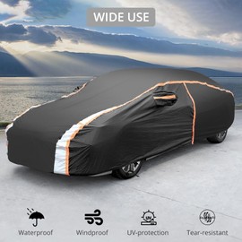 Justech Car Cover Waterproof All Weather, Outdoor Heavy Duty Full Exterior Covers with Reflective Strips, Rain UV Snow Dust Protection Universal Fit for Sedan Length 186 inch - 193 inch, Black