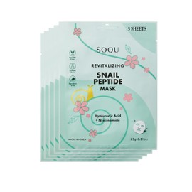 SOQU Revitalizing Snail Peptide Sheet Mask with Snail Mucin, Peptide, Hyaluronic Acid, Niacinamide, Hydrating and Brightening - 23g x 5 Sheets - Made in Korea