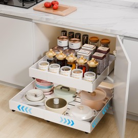 Asxhif Expandable Pull Out Cabinet Organizer Adhesive（16.9"-26.7" W，16.5" D） No Drill Adjustable Cabinet Drawers,Slide Out Cabinet Organizer for Home Kitchen,Pantry,White 1PC