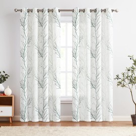 COLLACT Faux Linen Textured Curtains 84 Inch Length 2 Panels for Living Room/Bedroom Green Tree Branch Printed Curtains Farmhouse Light Filtering Drapes Grommet Top Window Treatments, W50 x L84, Green