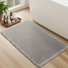 Lunofox Waffle Bathroom Rugs, Super Absorbent Boho Bath Mats, Non-Slip Shower Mats for Bathroom Floor and Tub, Ultra Soft Waffle Weave Runner Mat, Quick Dry, Light Grey, 18x30 Inch