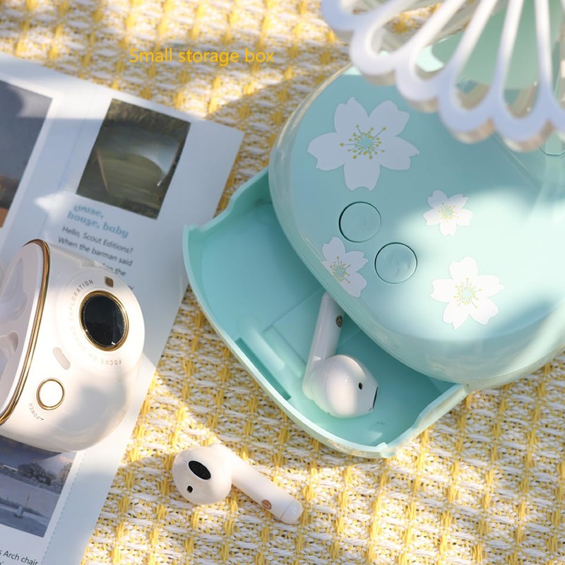 YZYOE Mini Charging Fan with LED Light, Cute Green Chrysanthemum