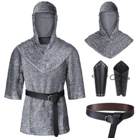 Irtysh Renaissance Faux Chain Mail Armor Tunic Shirt Coif Medieval Knight Cowl Crusader Costume Outfit Bracers Waist Belt Set, Silver Gray, XL