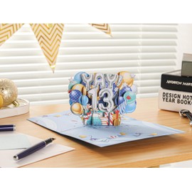 Liif Happy 13th Birthday Card, 3D Greeting Pop Up Birthday Card For 13 Years Old - For Boy, Girl, Daughter, Son, Nephew, Niece Balloons, Celebration | With Message Note & Envelop (Blue)