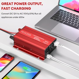 600W Car Power Inverter 12V DC to 110V AC Car Plug Adapter Outlet Converter with 2 AC Outlets and 65W PD USB-C & 18W QC USB-A Fast Charging Ports Power Inverters for Vehicles(Red)