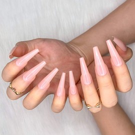 Artquee 24pcs Light Nude Clear Pure Color Ballerina Long Coffin Glossy Fake Nails Press on Nail False Tips Manicure for Women and Girls