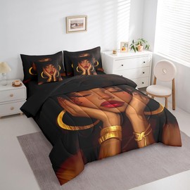 Manfei African Ethnic Girl Queen Bedding Set 7 Pieces,Juneteenth Theme Black Skin Women Comforter Set with Sheets for Kids,Golden Jewel Glitter Luxury Black Bed Set in a Bag with Pillow Covers