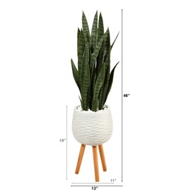Nearly Natural 46-in Artificial Snake Plant for Indoor Home Decor, White Decorative Planter with Stand, Mid Century Modern Design Sansevieria, Faux Snake Plant for Living Room, Bedroom, Office
